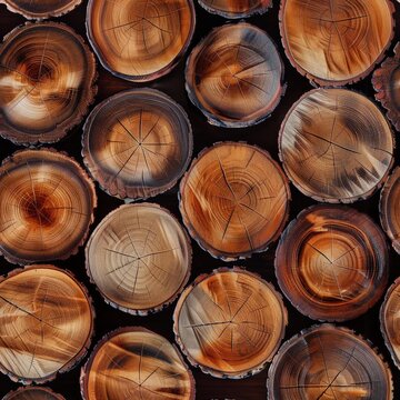 Seamless stacked wooden logs with visible tree rings.seamless loop, moving right, horizontal movement, camera moves right, smooth horizontal motion.