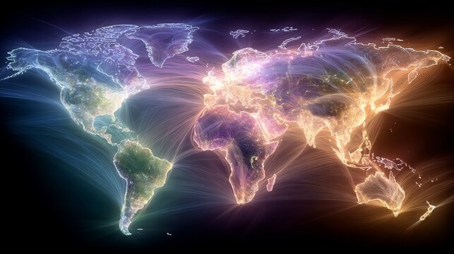Digital World Map with Global Connections and Vibrant Gradient Lights Display