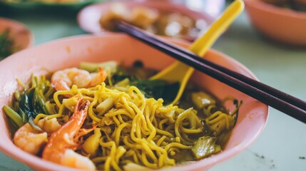 Close-up of traditional Singapore Chinese yellow noodles with shrimps and vegetables, showing authentic Asian street food, seafood cuisine and delicious local meal concept