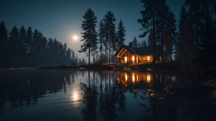Illuminated cabin by a still lake reflecting moonlight surrounded by tall trees at night in the wilderness