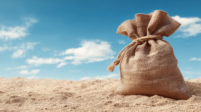 A burlap sack filled with sand on a sandy beach under a clear blue sky with a few scattered clouds. - Powered by Adobe