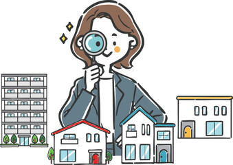 いろんな家を査定する女性スタッフ　ベクター
