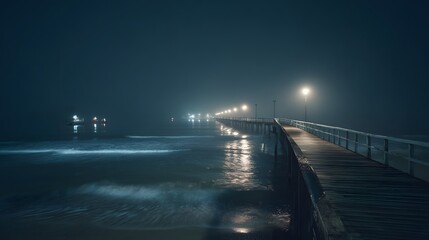 A pier stretching into the dark ocean illuminated by a series of glowing lights on a foggy night