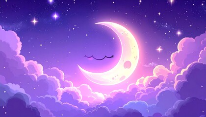 Cartoon crescent moon glows amidst fluffy pastel clouds, under a twinkling star filled purple night sky