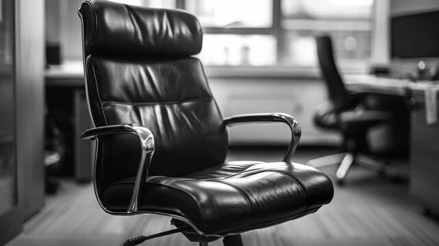 Black leather office chair on wheels with padded armrests in a professional setting.