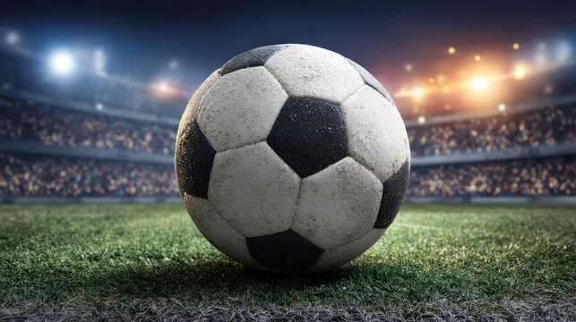 A soccer ball on a grass field with stadium lights in the background.