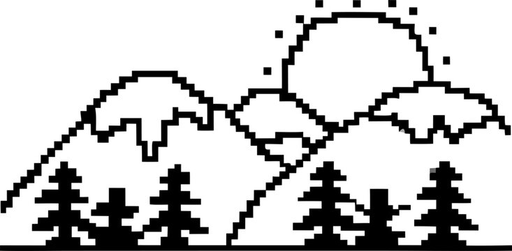 Minimalist pixel art landscape with sun rising behind snowy mountains and pine trees, simple black and white nature illustration