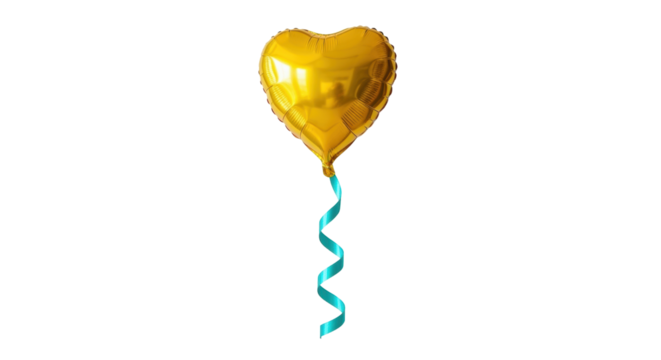 Isolated, golden, heart-shaped balloon with a turquoise ribbon, floating celebration gift