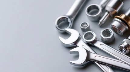 Tools arranged on a surface for mechanical work in a workshop setting