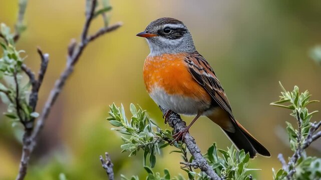 A small bird with colorful plumage is captured sitting on a thin branch, surrounded by vibrant foliage and natural light. It appears to be in mid-chirp or perhaps looking out over its territory.