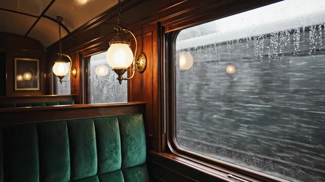 Cozy wooden interior of a classic train car, featuring elegant wall lamps and green velvet seats, while raindrops streak across the window creating a nostalgic and moody travel atmosphere