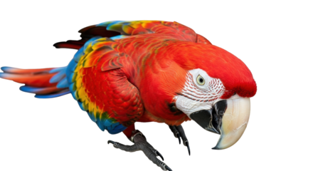 Isolated scarlet macaw bird with red, yellow, and blue plumage showing beak close up