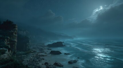 A nighttime view of a rocky coastline with waves crashing under a cloudy, moonlit sky and cliffside view