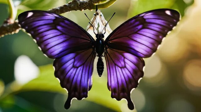 A realistic cinematic time-lapse video showing a chrysalis transforming into a glowing purple butterfly, soft natural lighting, macro focus, detailed metamorphosis sequence