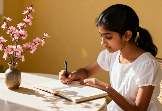 Young Indian girl writing in a notebook at a sunlit table. Focused student studying or journaling at home with pink flowers