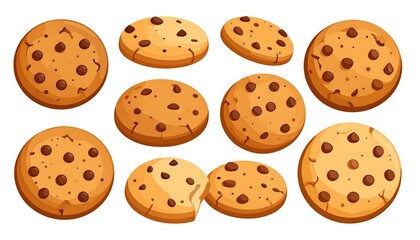 Obraz premium Cartoon illustration of chocolate chip cookies, some stacked and one broken, isolated on white background