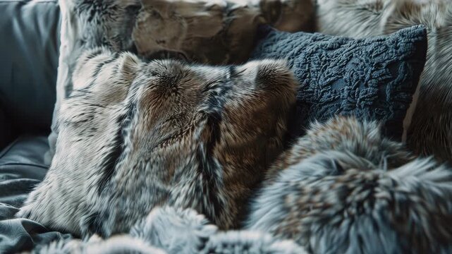 A cozy and fashionable interior scene featuring fur throw pillows on a soft blanket. Perfect for adding warmth and luxury to any living space.