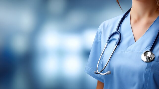 A healthcare professional in blue scrubs with a stethoscope, standing in a blurred, blue, modern hospital setting. - Powered by Adobe