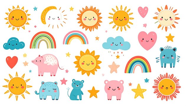 Cartoon illustration of suns, rainbows, stars, clouds, hearts, and stylized animals on white