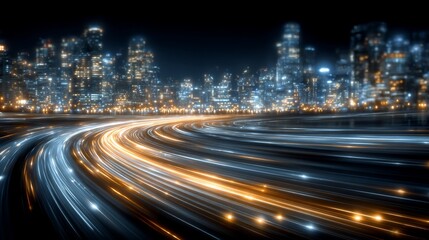 Futuristic cityscape with glowing light trails representing speed and connectivity showcasing