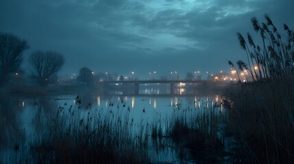 A tranquil scene of a misty river at night with a bridge and city lights in the background reflecting