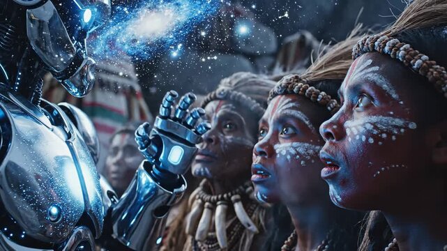 Group of indigenous people with painted faces and tribal attire looking up in awe at an advanced humanoid robot while experiencing a groundbreaking first contact with artificial intelligence
