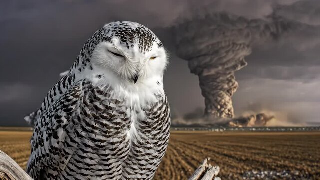 Snowy owl sits with eyes closed in peaceful meditation on a desolate field while a powerful tornado churns in the dark sky, symbolizing calm resilience amid chaos