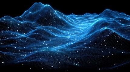 Futuristic digital landscape with glowing particle grid and dynamic wave pattern