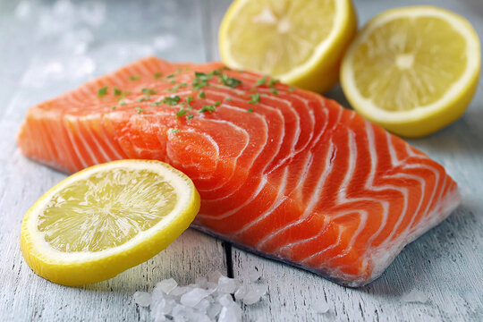 Fresh salmon fillet on white background with lemon garnish for healthy seafood themed image - Powered by Adobe