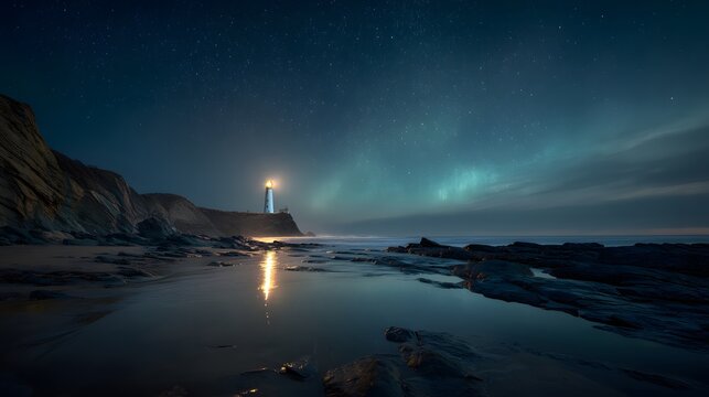 A lighthouse shines brightly on a rocky coast under a starry night sky with aurora borealis glow