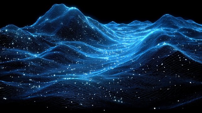 Futuristic digital landscape with glowing particle grid and dynamic wave pattern