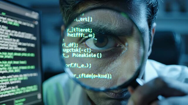 Cybersecurity expert inspecting code on a monitor late at night, closely reviewing lines for bugs, vulnerabilities and threats while developing secure software solutions