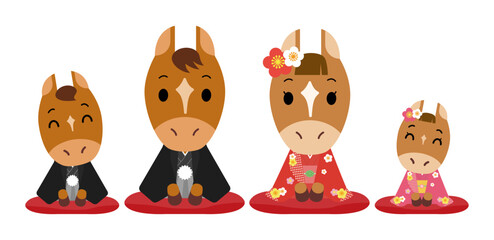 にこやかな着物を着たウマの家族　セット