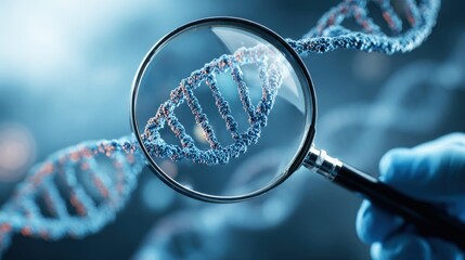 A magnifying glass focusing on a DNA strand against a blurred background.