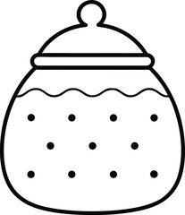 A simple black and white illustration of a polka dot cookie jar with a lid