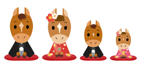 着物を着たウマの家族　セット