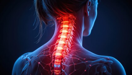 3D medical illustration of a human body anatomy showing a red heart and spinal backbone against an abstract black smoke background