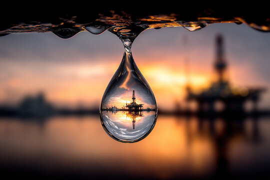 Oil rig reflected in a water droplet at sunset, with a beautiful golden sky