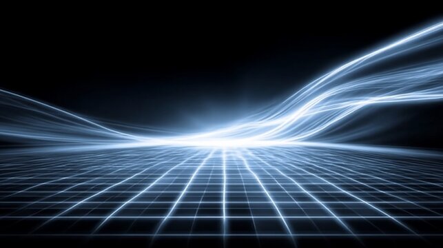 Futuristic grid landscape with dynamic light trails and digital energy flow concept - Powered by Adobe