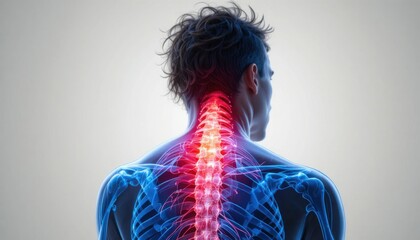 Medical 3D illustration of the spinal anatomy and backbone of a young woman in red showing the human skeleton and bone structure for health science