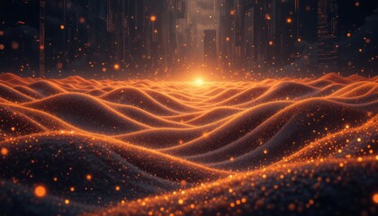 A glowing purple and orange fractal design creates a futuristic motion wave of fire and energy against a dark space backdrop