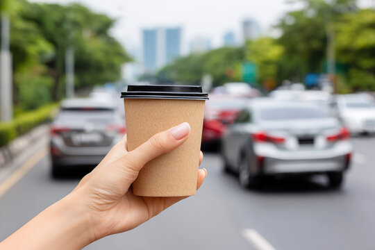 Woman holding a takeaway coffee cup on a busy city street