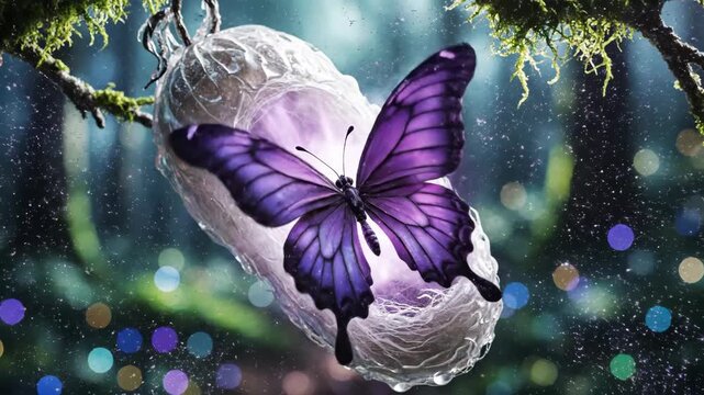 A realistic cinematic time-lapse video showing a chrysalis transforming into a glowing purple butterfly, soft natural lighting, macro focus, detailed metamorphosis sequence