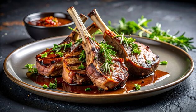Cooked lamb chops on a gray plate, garnished with green herbs and sauce, sitting on dark mottled surface