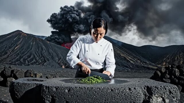 Female chef chops fresh herbs on a volcanic stone slab as molten lava and volcanic smoke erupt in the dramatic background, blending culinary skill with raw nature