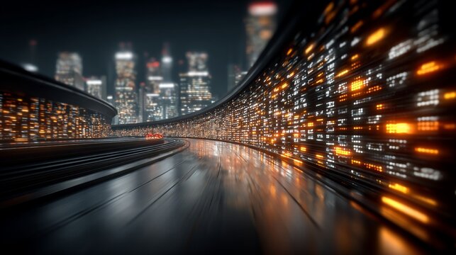 Futuristic urban landscape with glowing data stream and blurred cityscape providing a modern - Powered by Adobe