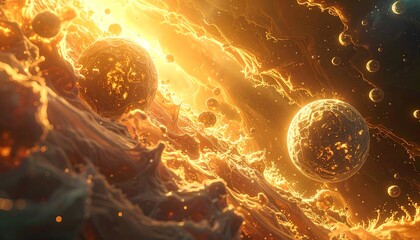 Cosmic landscape glowing spheres amidst swirling golden nebulae, suggestive of planets forming within a chaotic space
