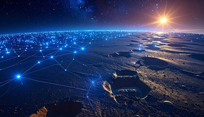 Cosmic landscape with craters, constellations, bright light, and blue glowing network connections across the horizon