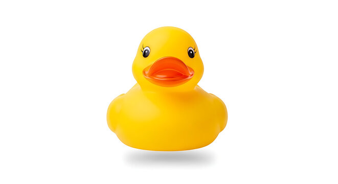 A bright yellow rubber duck toy floats in the air, casting a subtle shadow below on a plain white background, showcasing its simple yet cheerful design - Powered by Adobe