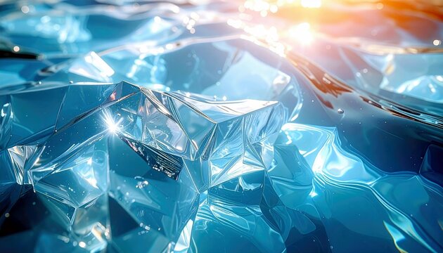A close-up abstract view of sharp, angular blue ice formations with sunlight glinting off the facets. - Powered by Adobe
